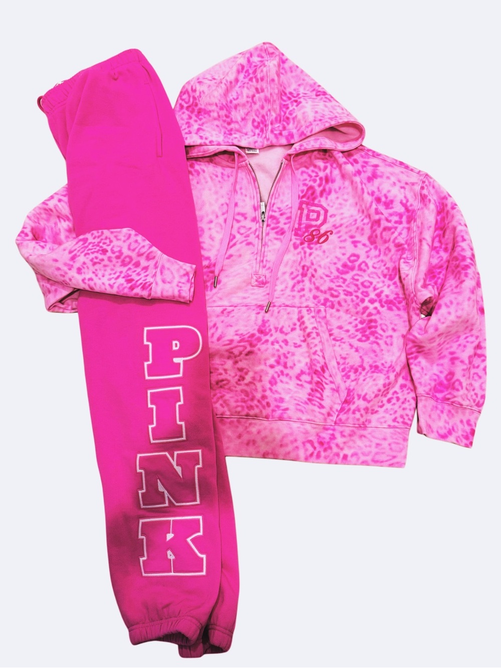NEW VICTORIAS SECRET PINK HOODIE & JOGGERS 2PC SET STUNNING PINK LEOPARD M~XXL